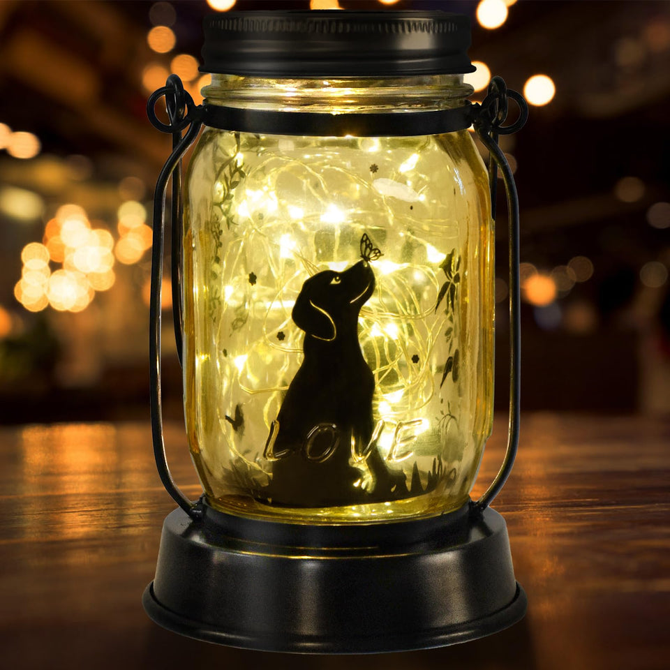 Kyoryuger dog solar lantern in the yard offering warm evening illumination