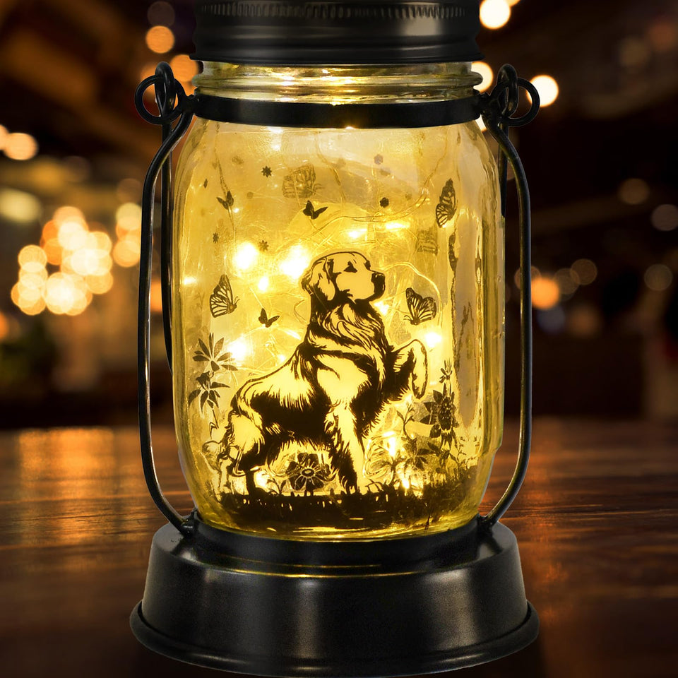 Kyoryuger Golden Retriever Solar Lantern on tabletop for warm evening ambience