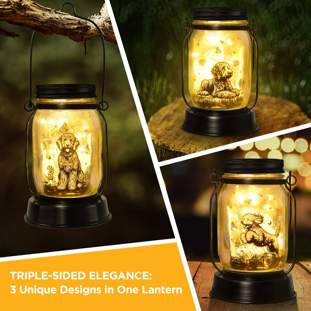 Kyoryuger Goldendoodle solar lantern hung for decorative outdoor lighting