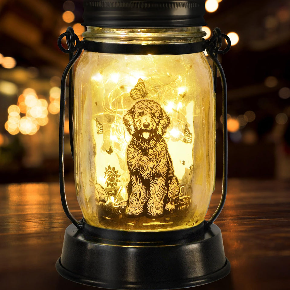 Kyoryuger Goldendoodle solar lantern on lawn with warm ambient light for outdoors