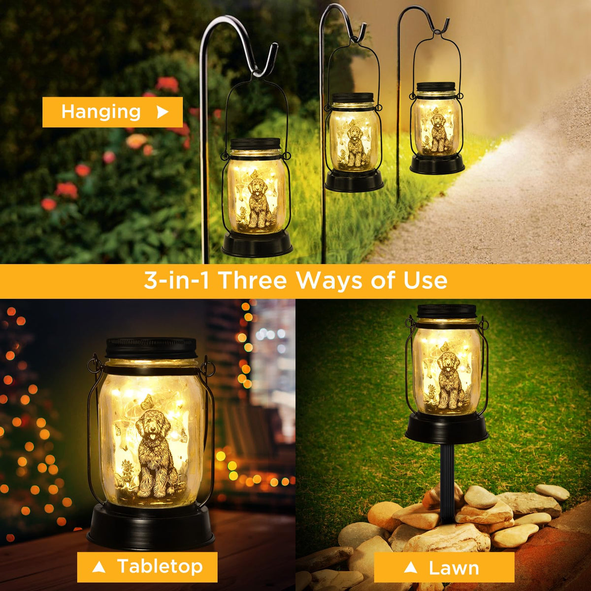 Kyoryuger Goldendoodle solar lantern on patio decor for entertaining