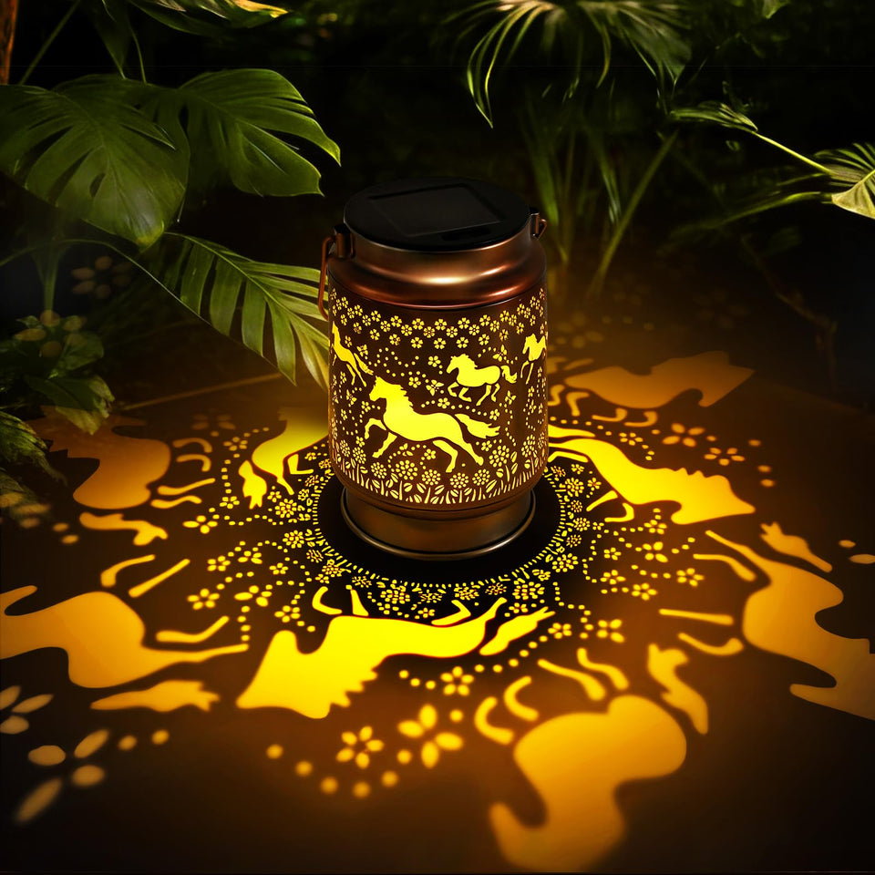 Kyoryuger horse solar lantern in garden casting warm glow for evenings