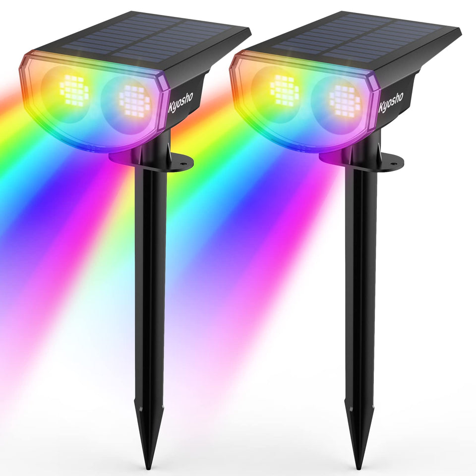 Kyosho solar color spot light in auto multicolor mode lighting up outdoors with a vivid color show.