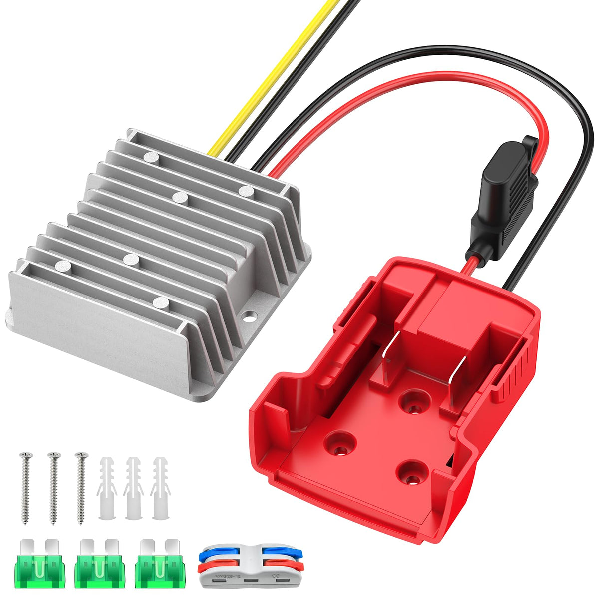 Kzreect 18V to 12V converter powers 12V accessories from a Milwaukee battery.