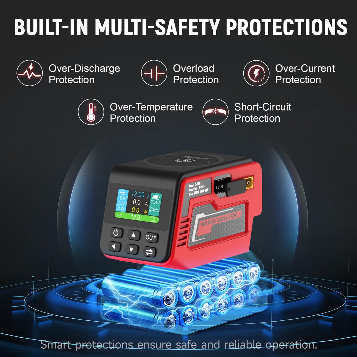 Kzreect LCD display shows live voltage, current, and power output for quick checks.