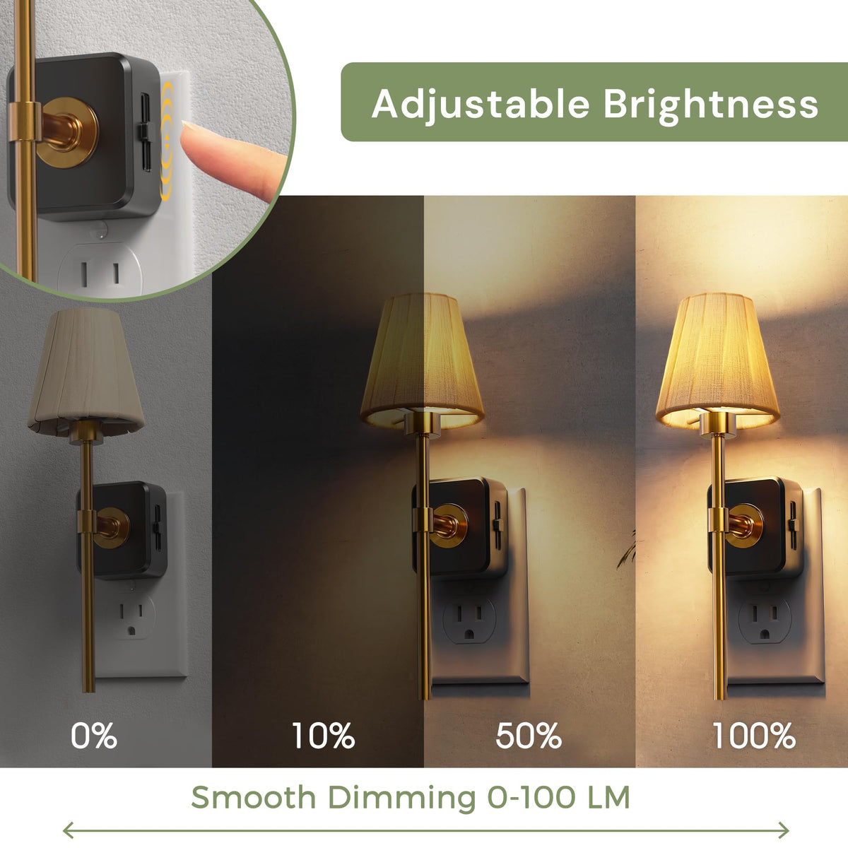 L LOHAS LED night light with 0–100LM dimmable brightness adapts from soft glow to brighter night light.