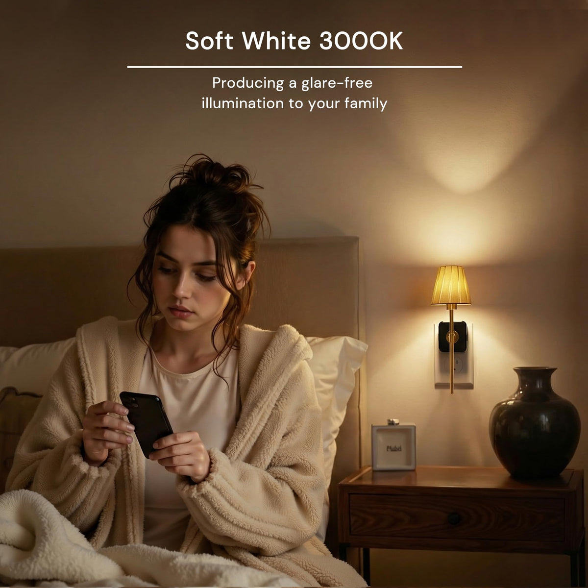 L LOHAS LED night light's warm white glow minimizes glare for comfortable nighttime visibility.