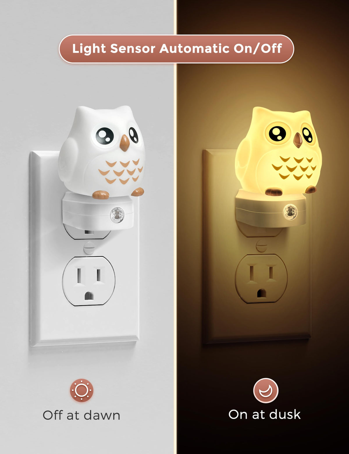 L LOHAS LED Owl Night Light plugged into wall for easy bedside use