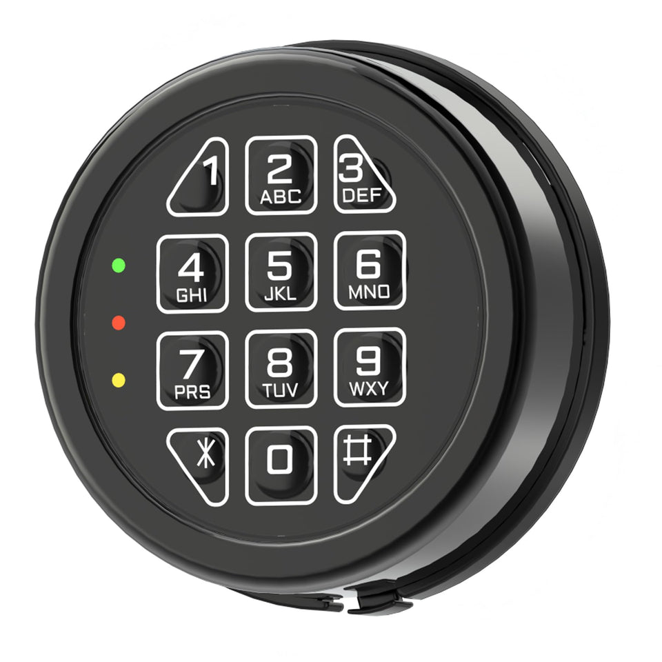 La Macaza electronic safe lock keypad front view showing durable chromium-zinc alloy protection.