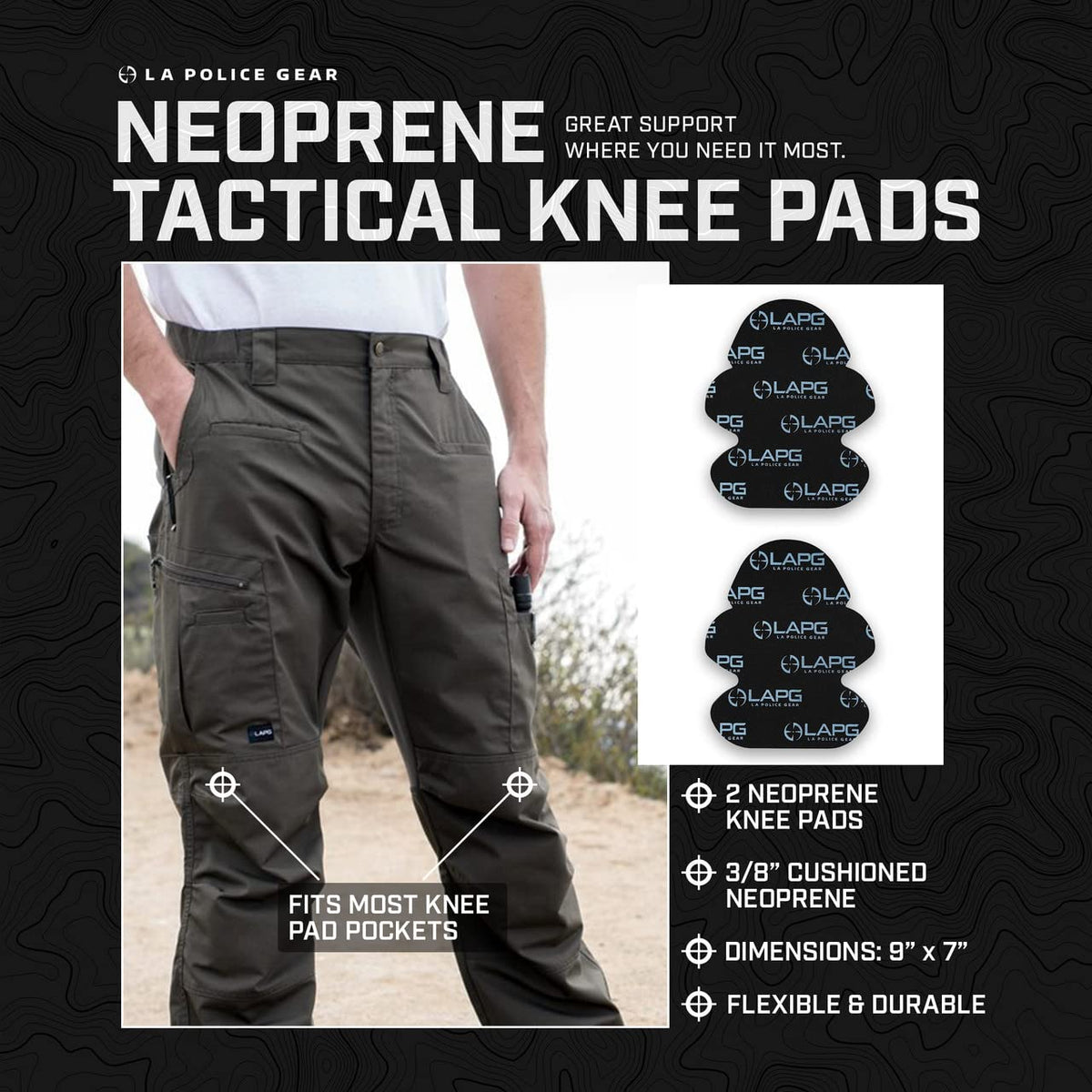 LA Police Gear neoprene knee pad padding detail delivers 3/8 inch cushion with low profile.