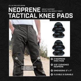 LA Police Gear neoprene knee pad padding detail delivers 3/8 inch cushion with low profile.