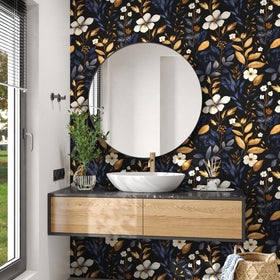Laatse wallpaper on bedroom wall, adding vintage floral charm.