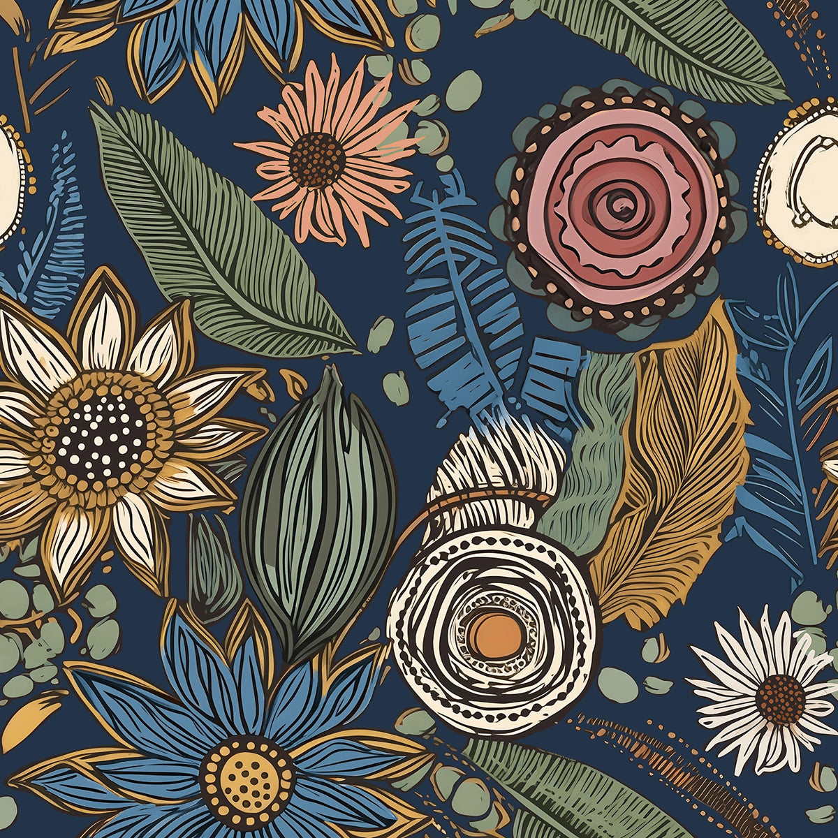 Laatse blue boho wallpaper roll adds stylish floral charm to walls.
