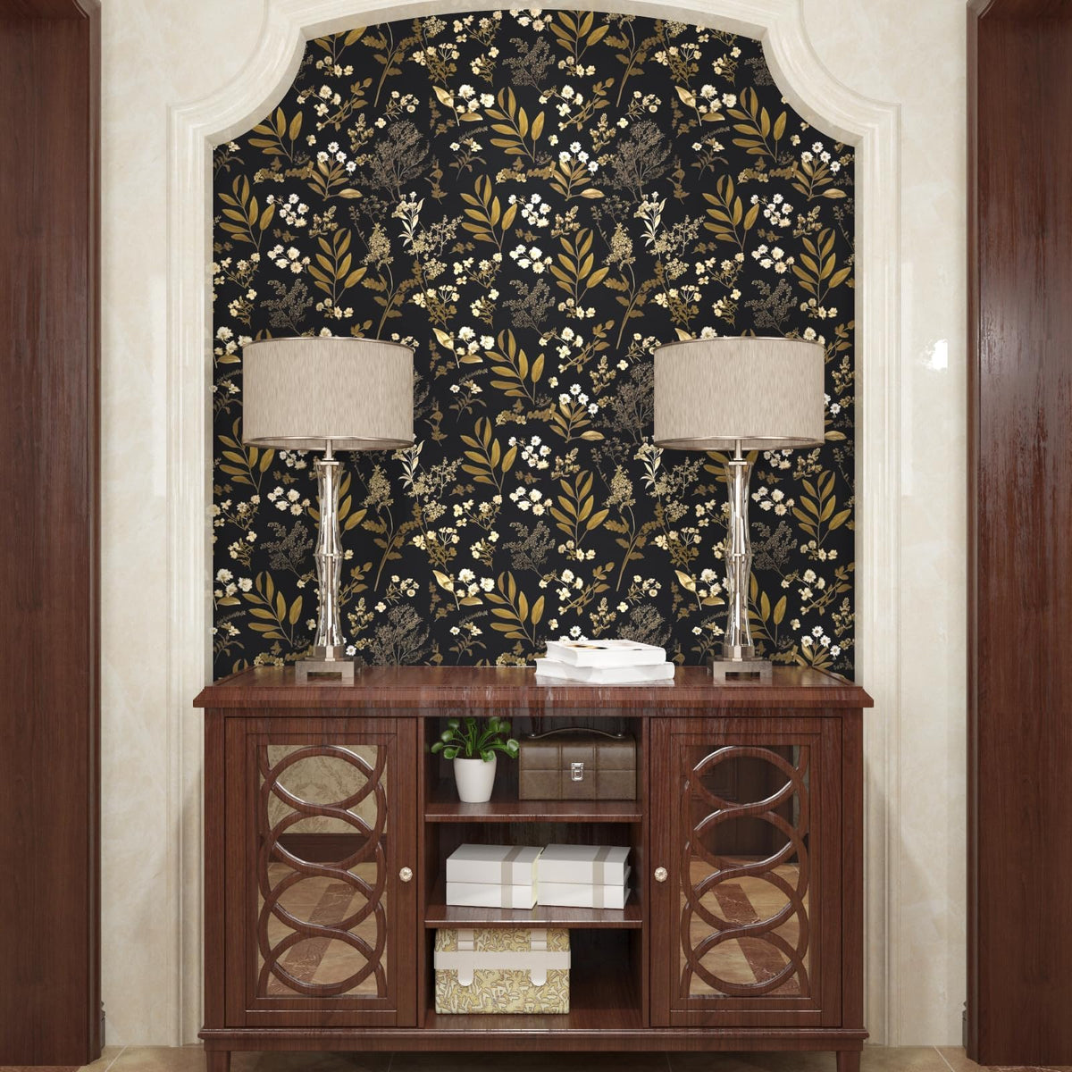 Laatse dark floral pattern close-up showcases vintage leaf design for living room decor