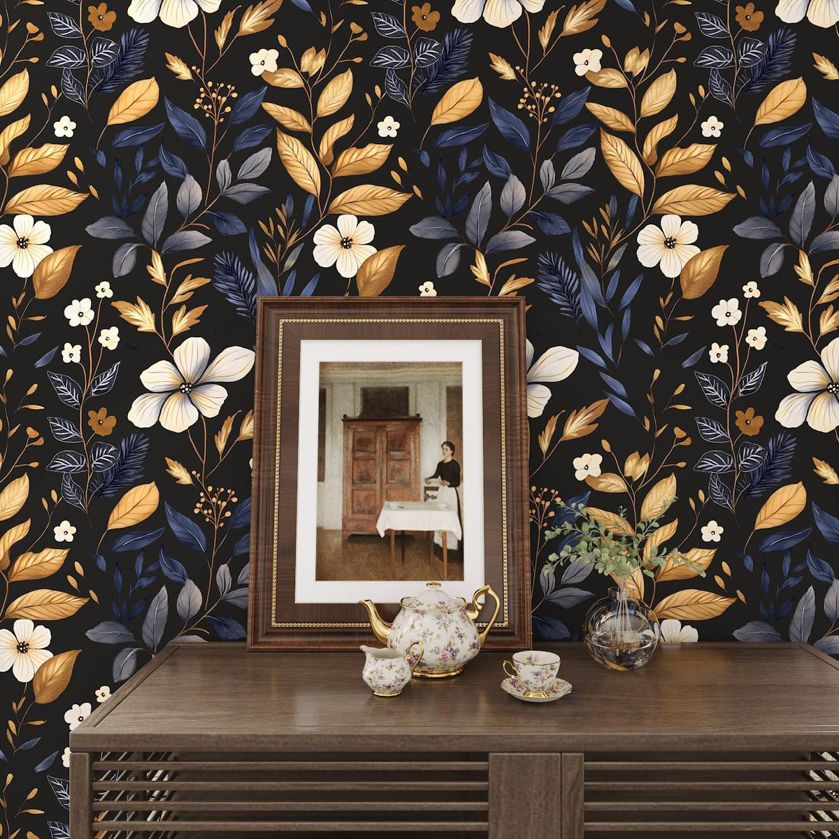 Close-up of blue and gold leaves on a dark background by Laatse.