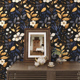 Close-up of blue and gold leaves on a dark background by Laatse.