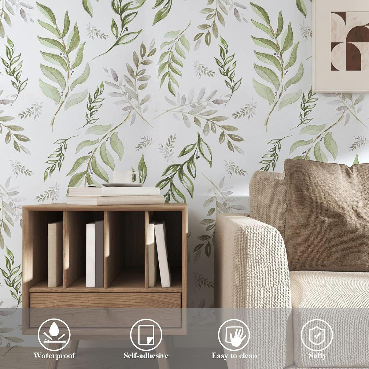 Laatse Green Leaf wallpaper kitchen application showcases easy cleanup and versatile use