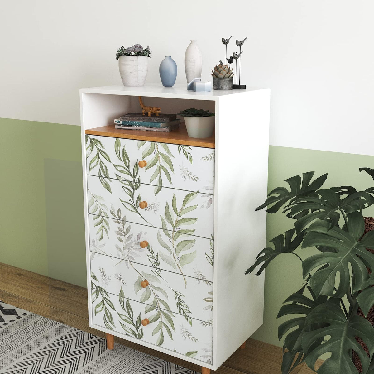 Laatse Green Leaf pattern closeup highlights watercolor style for natural ambiance