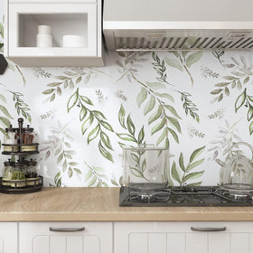 Laatse Green Leaf wallpaper roll second image demonstrates seamless installation for clean walls