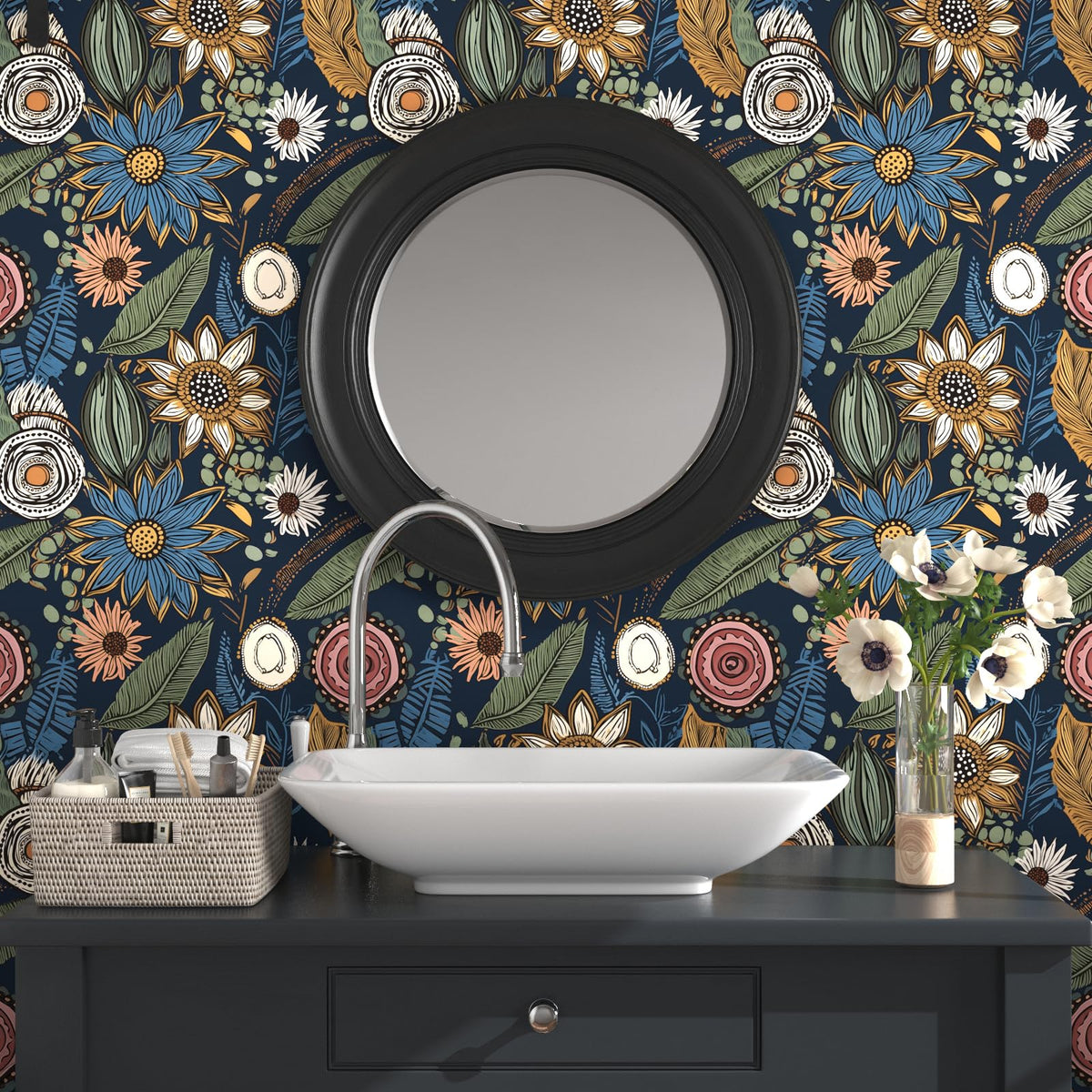 Laatse vintage floral contact paper on wall revives countertops and furniture.