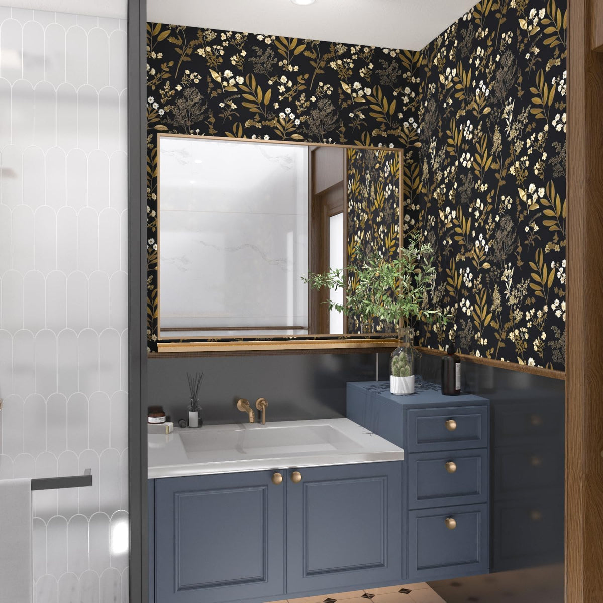 Laatse wallpaper featuring gold leaf detail on dark florals to elevate cabinets or walls.
