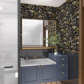 Laatse wallpaper featuring gold leaf detail on dark florals to elevate cabinets or walls.