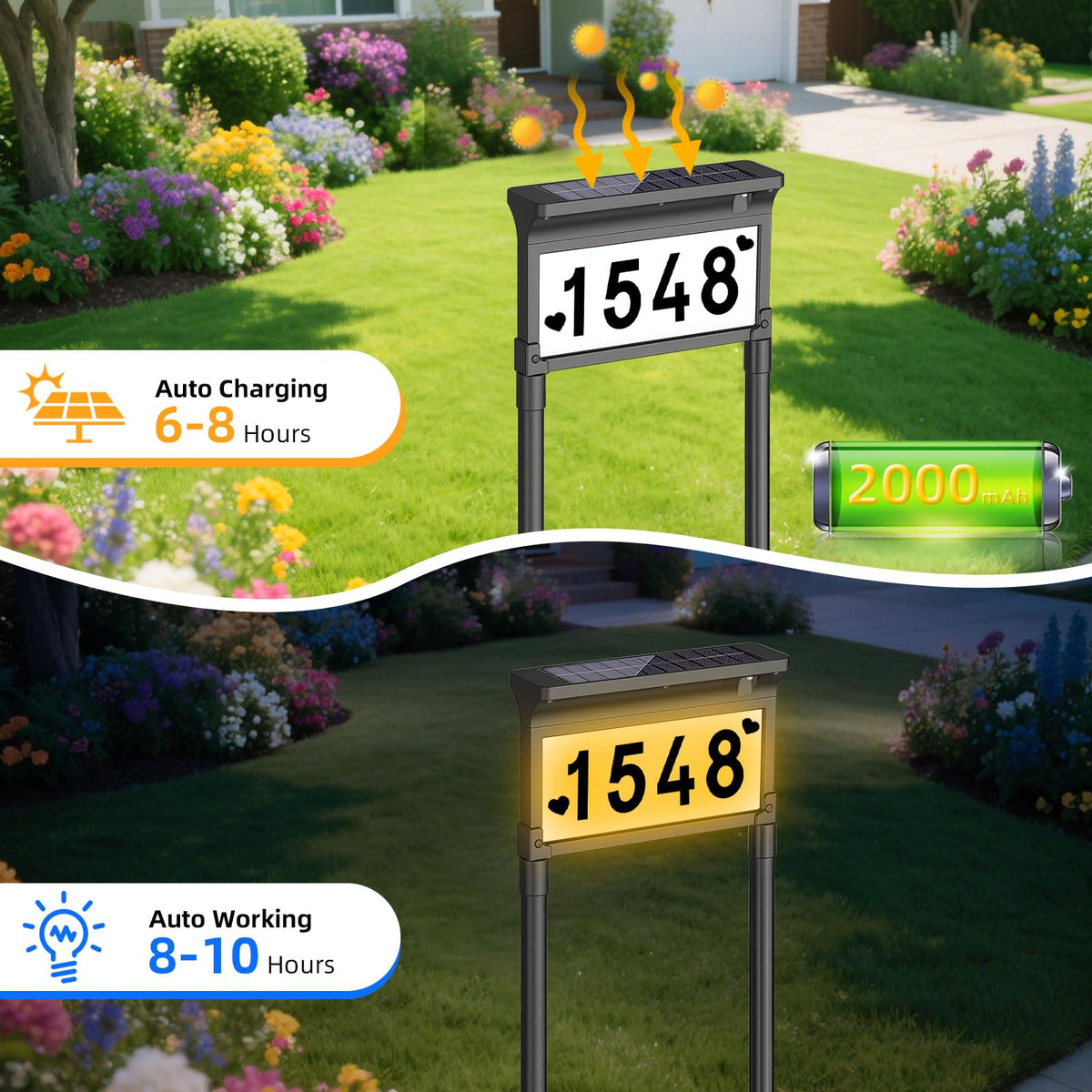 Lacasa address sign night illumination in warm, natural, or cool white.