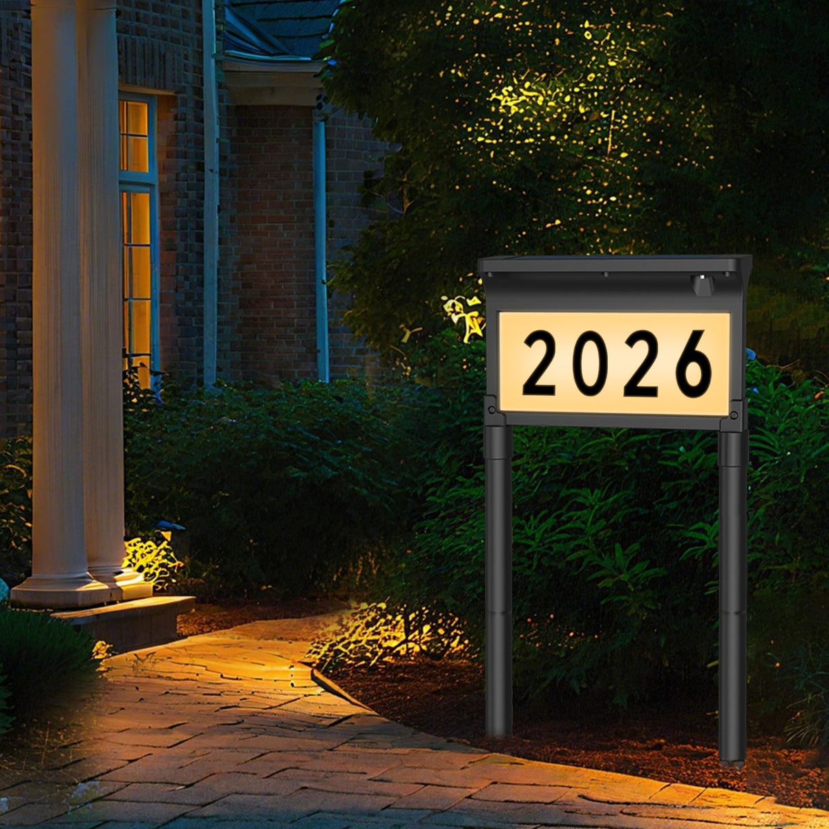 Lacasa solar address sign front view with bright numbers for quick street visibility.