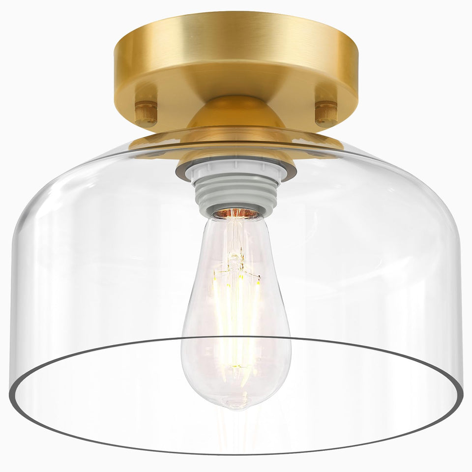 LACCEN semi flush mount with brushed gold glass shade brightens entryways.
