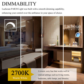 Lachesan PAR38 bulb dimmable from 10% to 100% for adjustable ambiance.