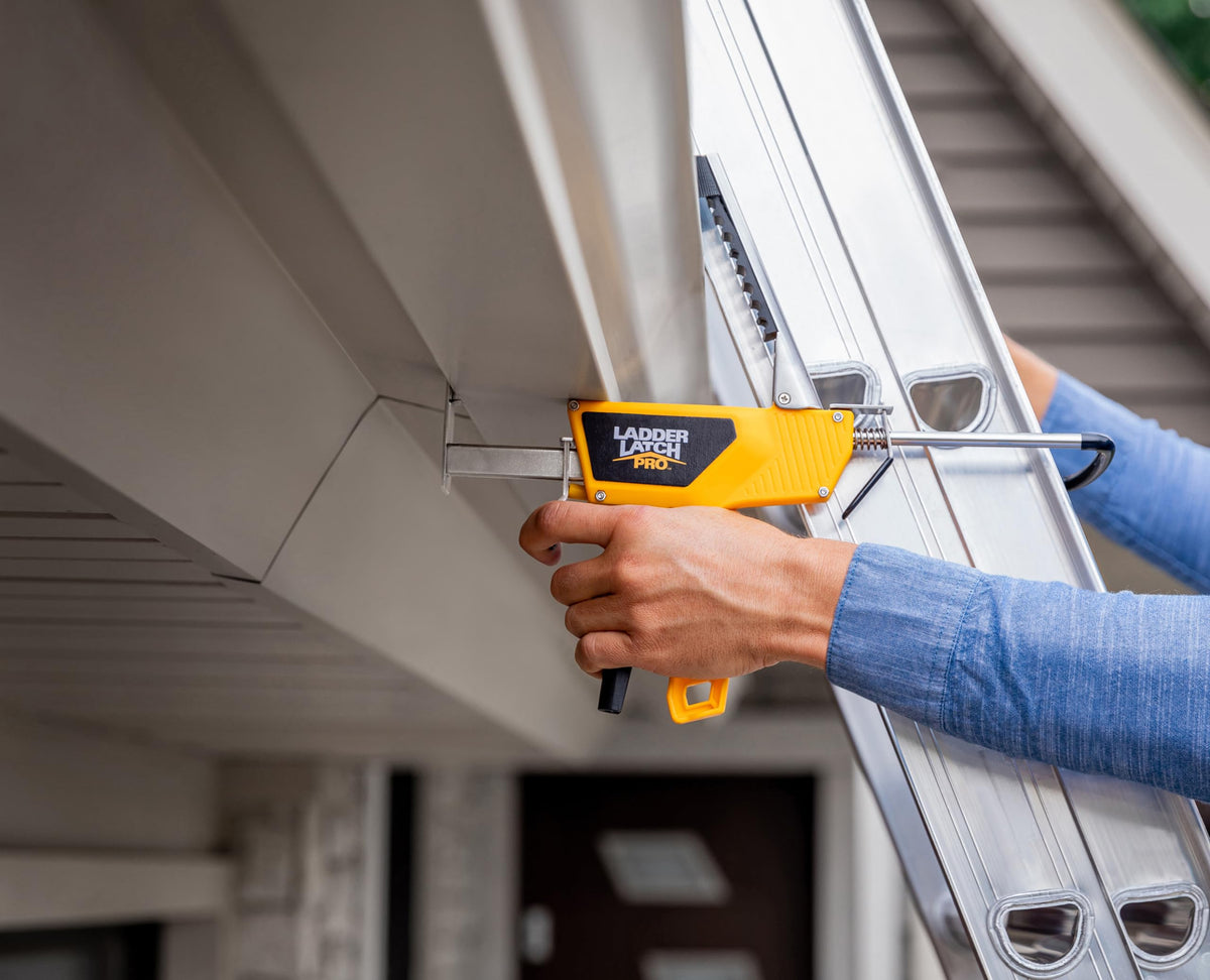 Ladder Latch Pro attaches to extension ladders with adjustable mounting.