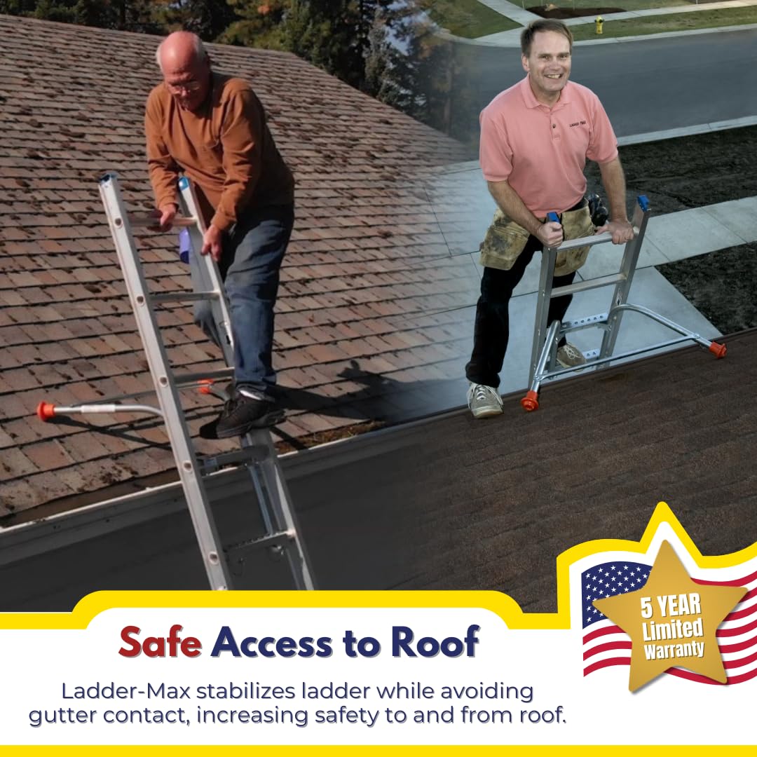 Ladder-Max standoff with non-marring tips protects gutters during use.