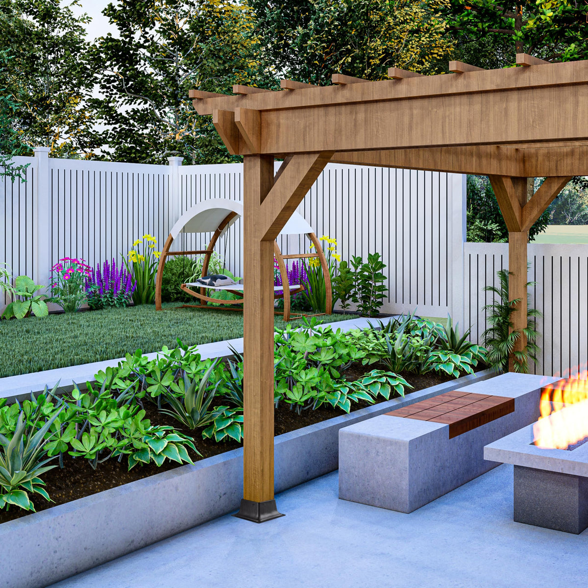 LADECH post base in heavy duty steel with black coating for outdoor durability.