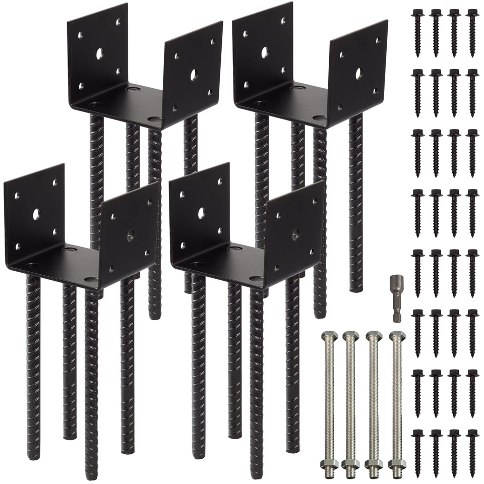 LADECH Fence Post Holder ground spike shown with a 4x4 base for outdoor corners.