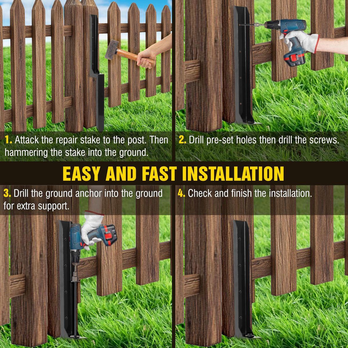 LADECH H-shaped design repair bars secure a wobbly fence post