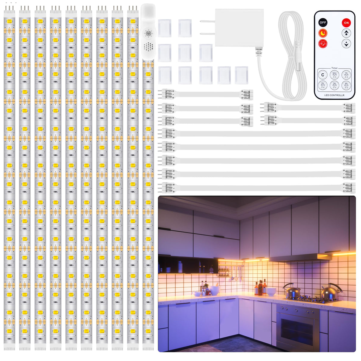 LAFULIT under-cabinet lights kit installed under a cabinet for bright task lighting.