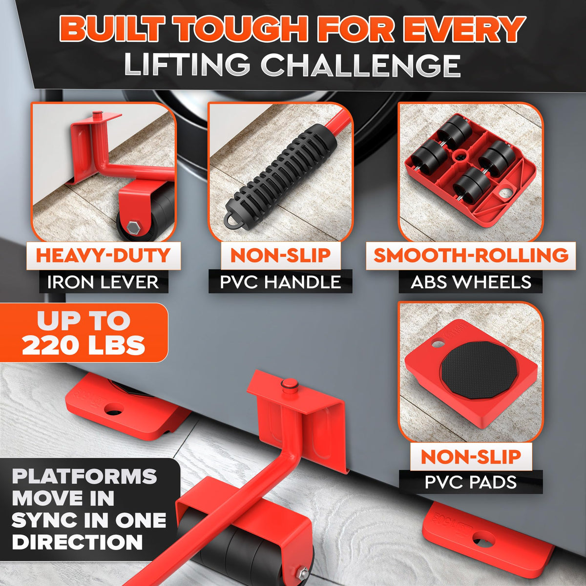 Lagarto lift tool slides under corners for stable lifting.