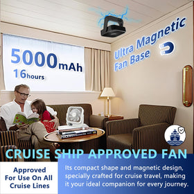 LAIDOLAILA cruise fan showing 16-hour runtime for all-day comfort on board.