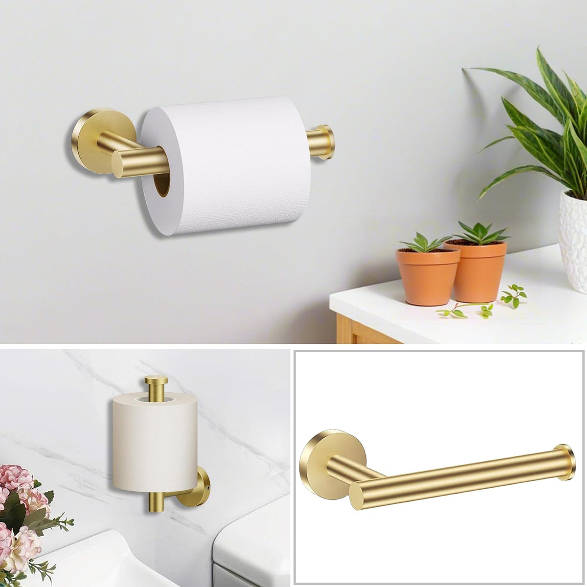 Laimew brushed gold toilet paper holder adds convenient access and style.