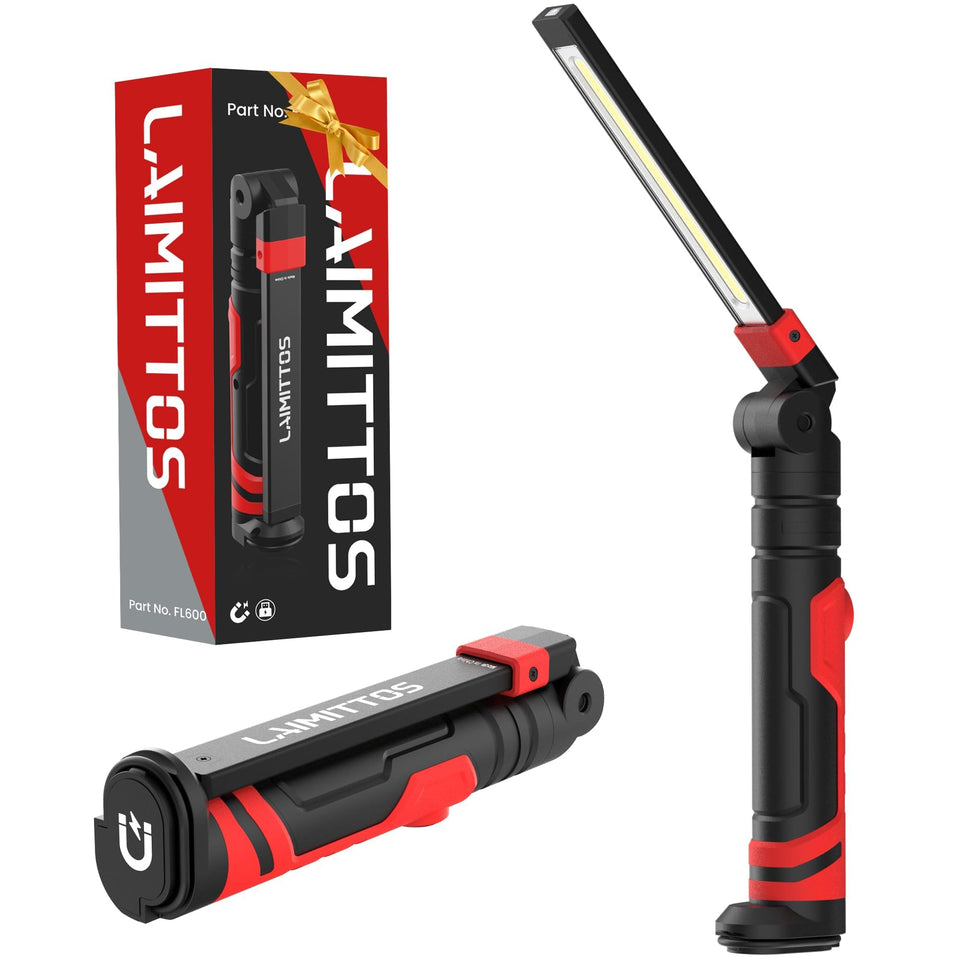 LAIMITTOS rechargeable work light front view, durable aluminum shell for tough jobs.