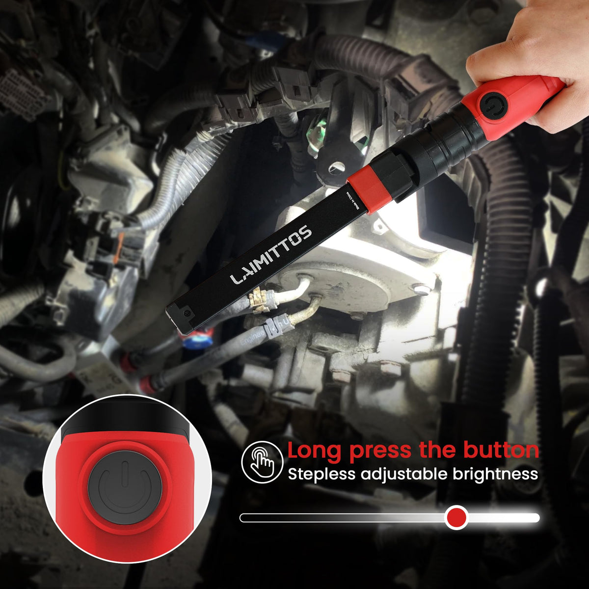 LAIMITTOS work light in use under car hood delivering steady illumination.