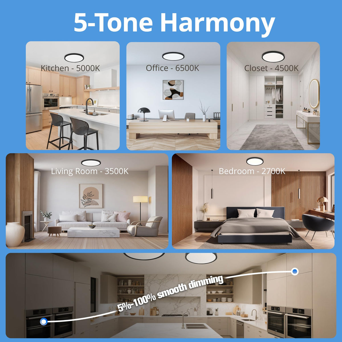 Laiyidia five CCT color temperature switch for versatile ambiance.