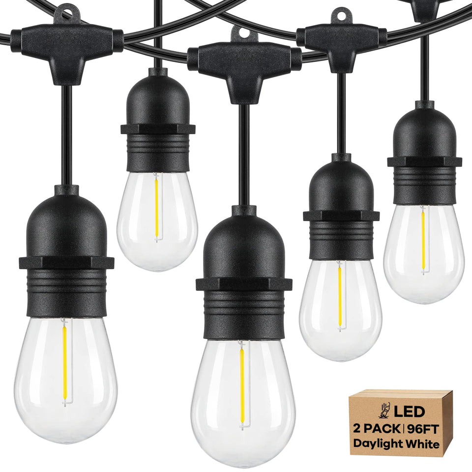 Lakumu outdoor string lights two-pack stretched across a deck for ambient evenings