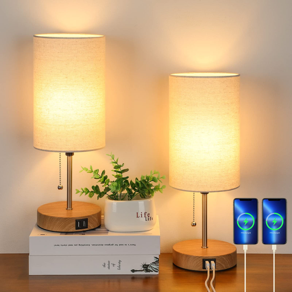 Lakumu two-pack table lamps with cream fabric shade and oak base for bedside lighting