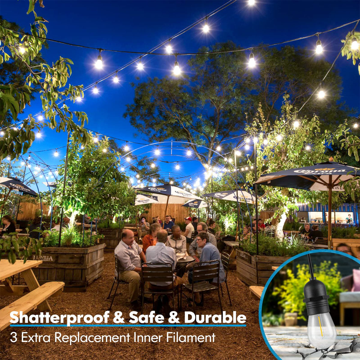 Weatherproof Lakumu light string with shatterproof bulbs in outdoor setting