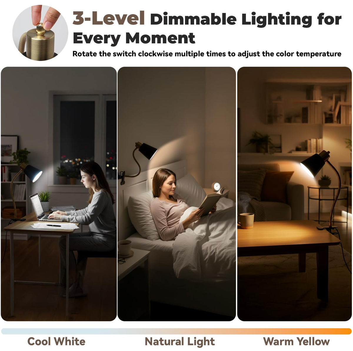LALISU clip-on lamp attaches securely to a desk surface.