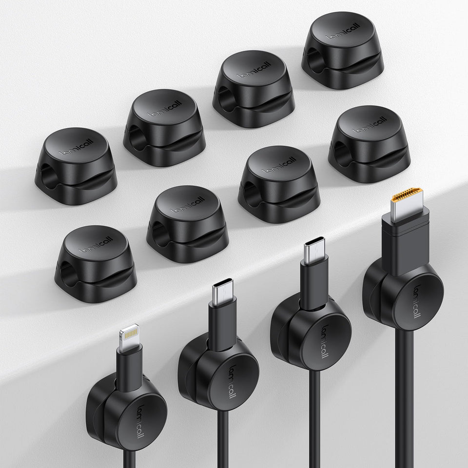 Lamicall 12-pack cord organizer clips for neat desk setup and cable segregation.