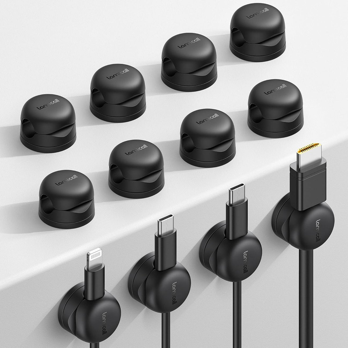 Lamicall 12-pack rotatable cord organizer clips keep desk cables tidy and accessible.