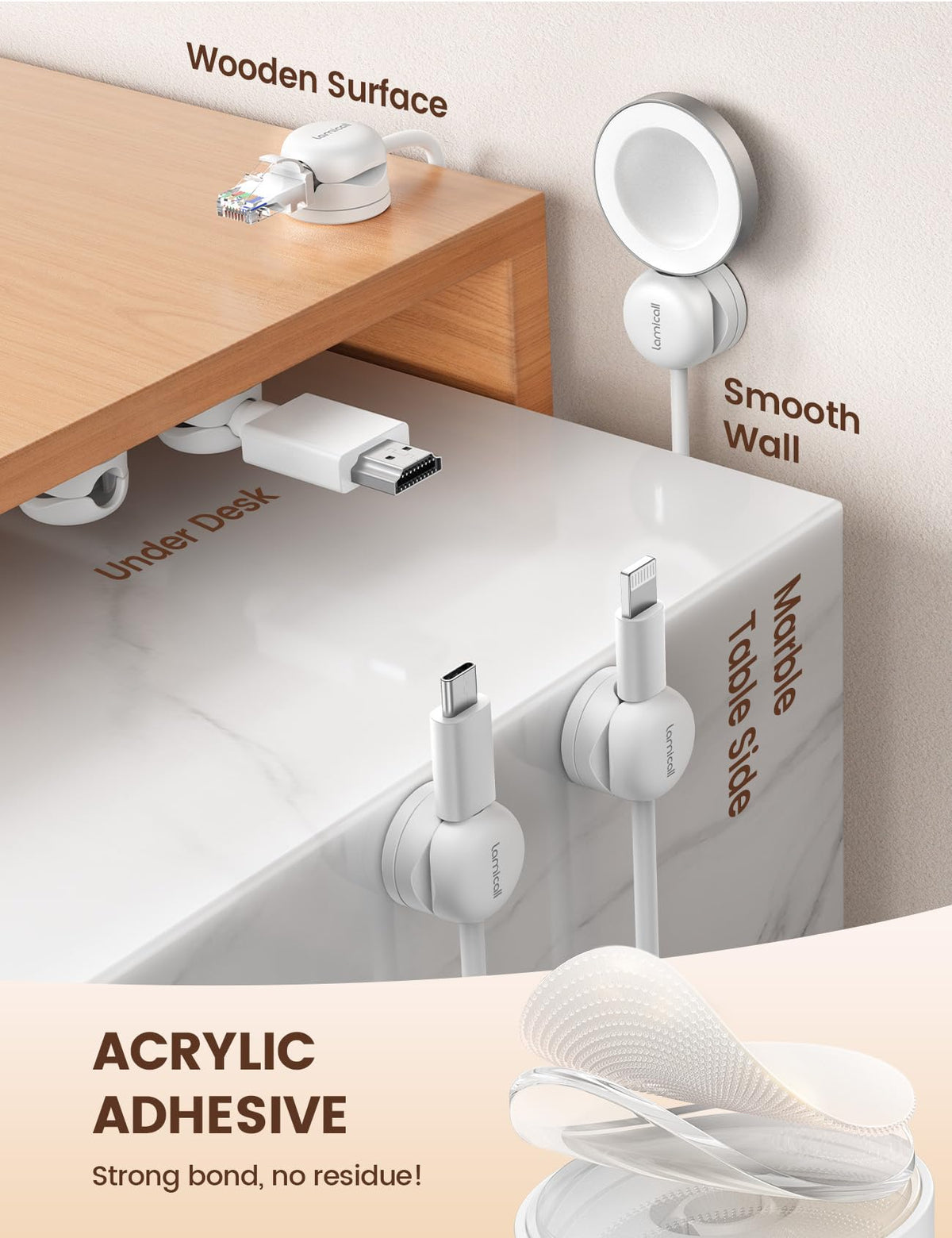 Lamicall 8mm-slot cord clip compatible with a wide range of cables
