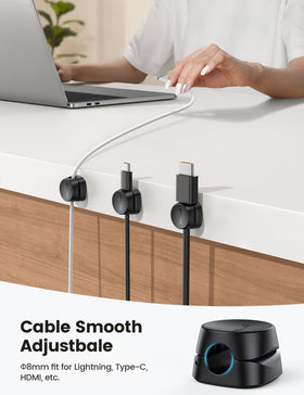 Lamicall desk clips mounted on a nightstand edge keep cords tidy.